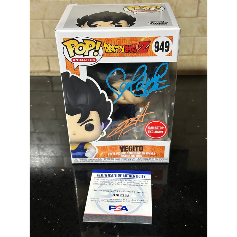 Dragon Ball Vegito Metallic GameStop Funko Pop 949 Signed Chris Sabat Sean Schemmel PSA + PoP Protector
