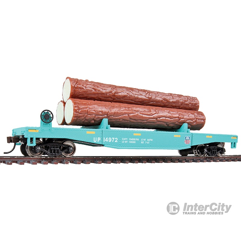 Walthers Trainline 1773 Log Dump Car with 3 Logs - Ready to Run -- Union Pacific 14972 (MOW Scheme; green, yellow Conspicuity Marks)