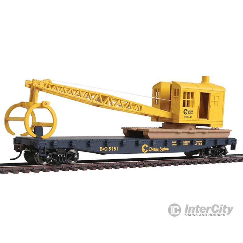 Walthers Trainline 1782 Flatcar with Logging Crane - Ready to Run -- Chessie System B&O (blue, yellow)