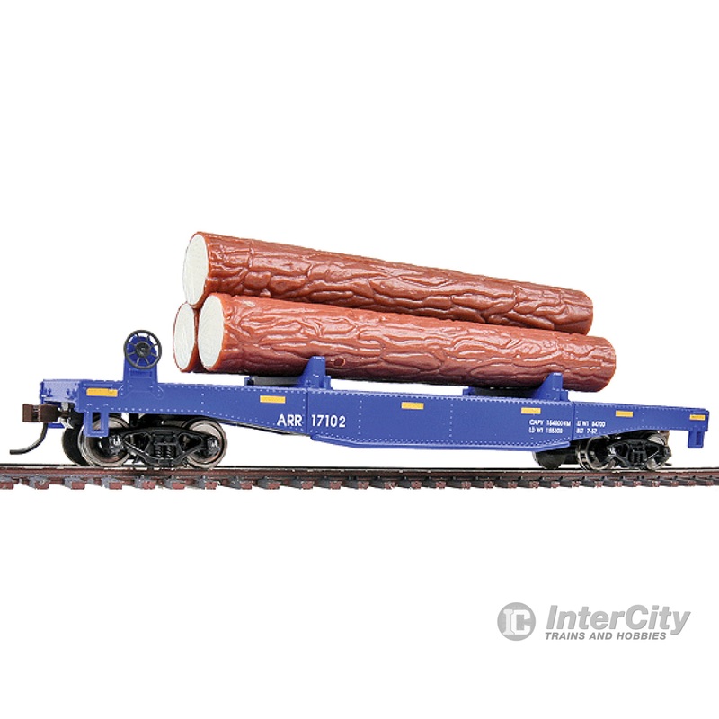 Walthers Trainline 1770 Log Dump Car with 3 Logs - Ready to Run -- Alaska Railroad #17102 (blue, yellow Conspicuity Marks)