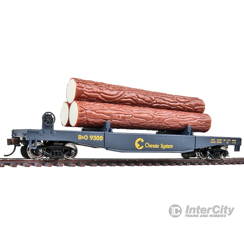 Walthers Trainline 1772 Log Dump Car with 3 Logs - Ready to Run -- Chessie-Baltimore & Ohio 9300 (blue, yellow)