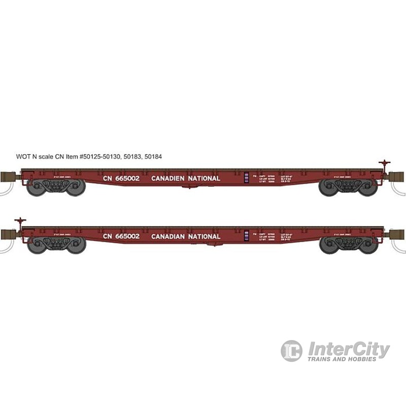Wheels of Time 50184 53'-6" General Service Welded Fish Belly Flatcar - 6 Pack - Canadian National (Boxcar Red, Bilingual Lettering)